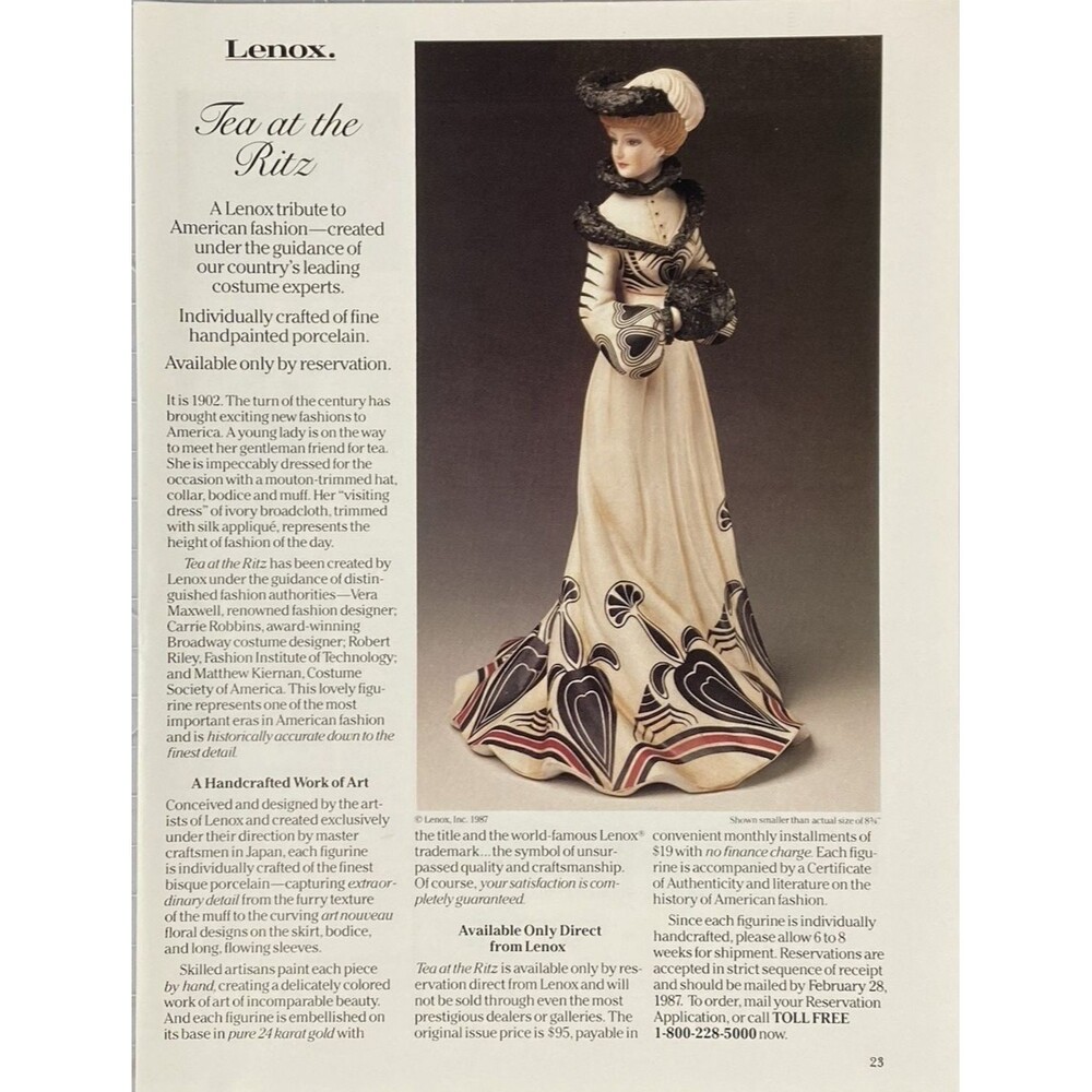 LENOX "Tea at the Ritz" Hand Painted Porcelain Figurine Vintage Print Ad 1987